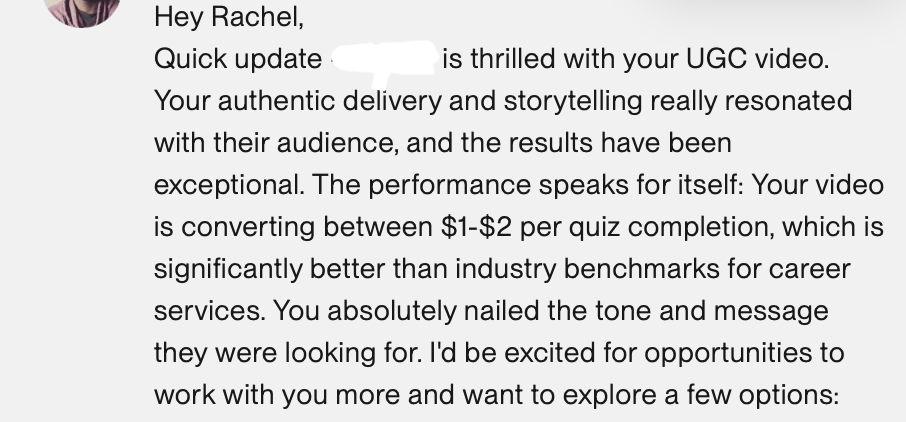 5 star client review for UGC creator Rachel Lee Curly Money